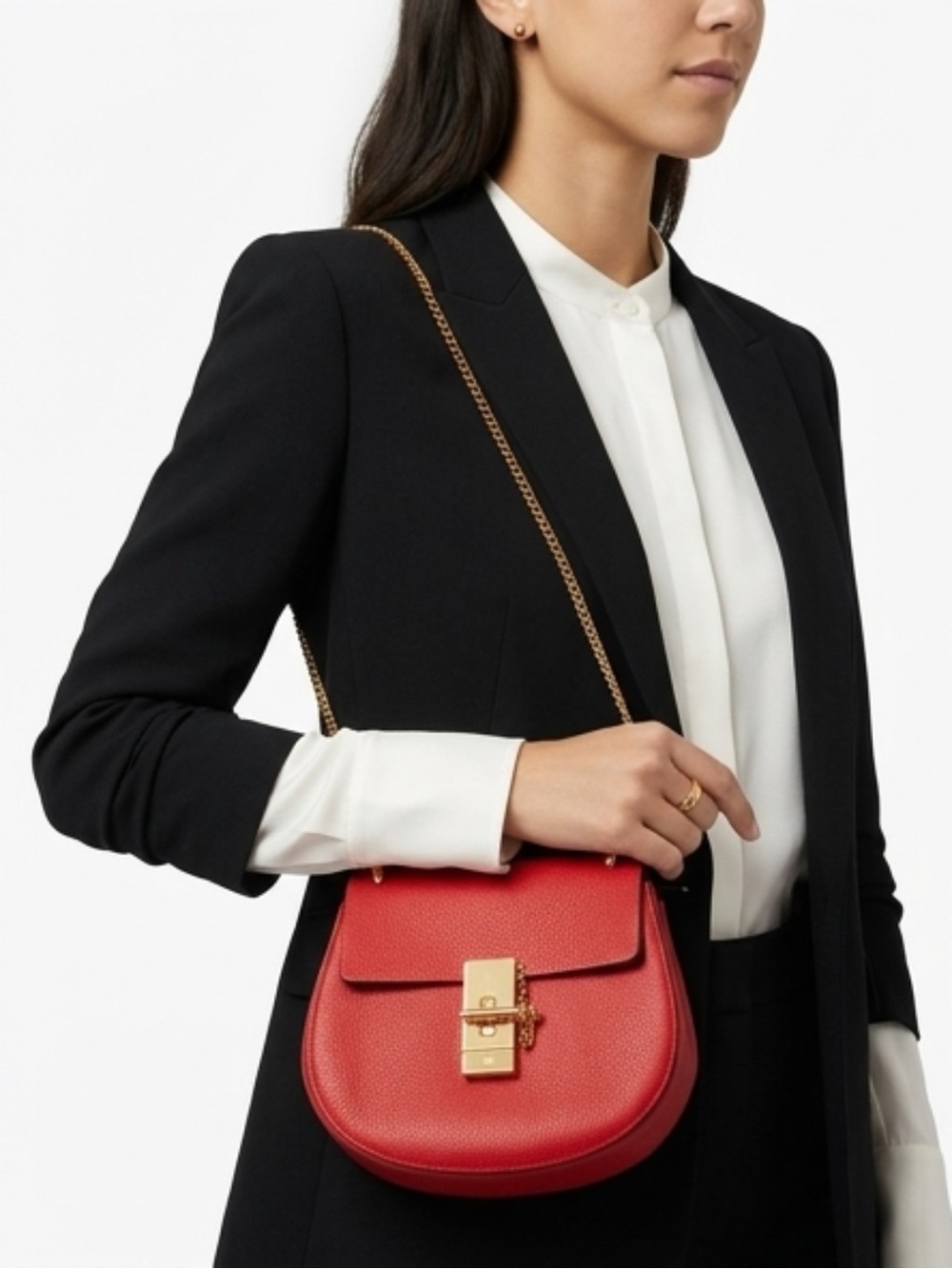 Chloé Red Pebbled Leather Crossbody with Gold Lock - Picture 3 of 9